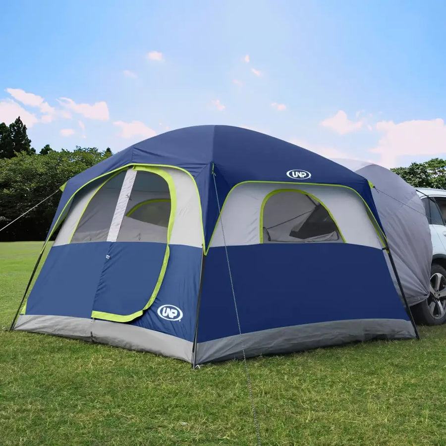 Blue and gray unp camping tent with lime green trim.