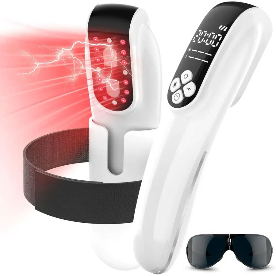 White and black handheld red light therapy device with digital display, control buttons, and a matching headband.