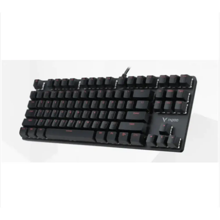Black mechanical keyboard with red backlighting and a vapo brand logo on the lower right corner