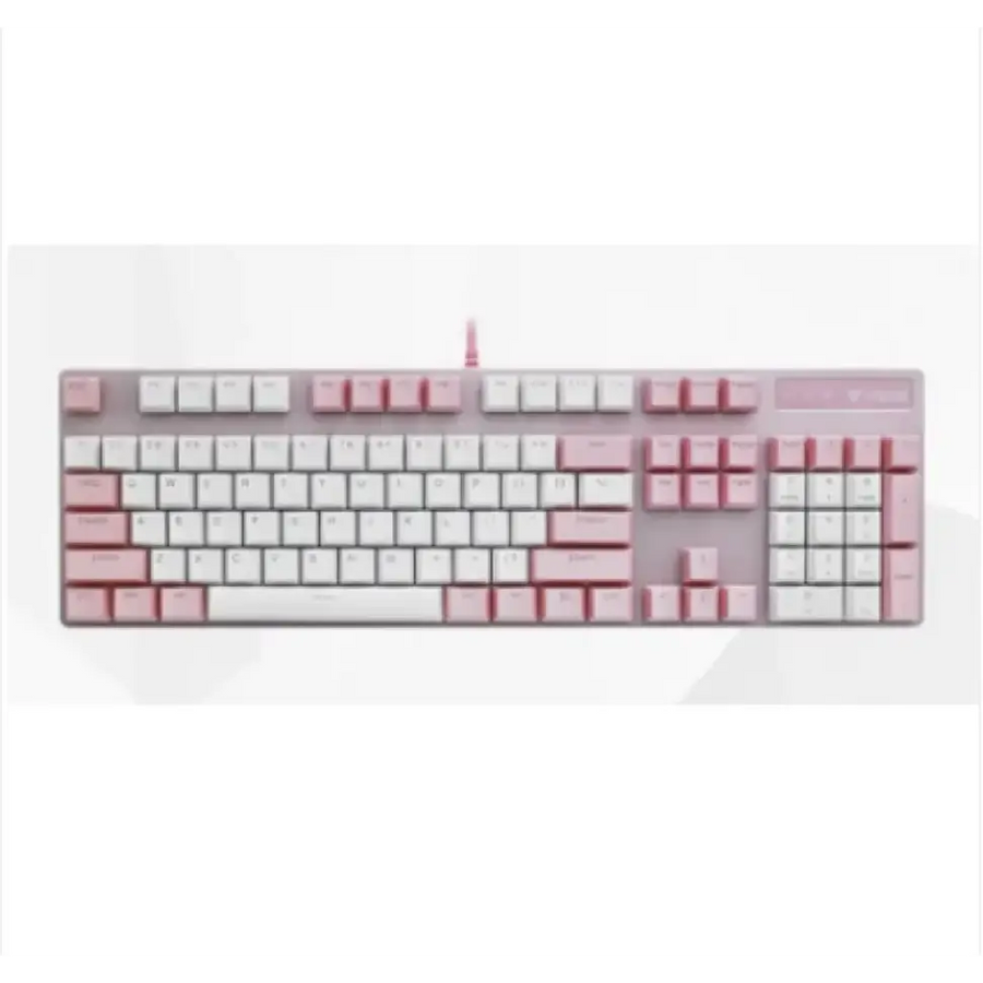 A sleek, full-sized mechanical keyboard with a minimalist design featuring white and soft pink keycaps arranged in an ergonomic layout.