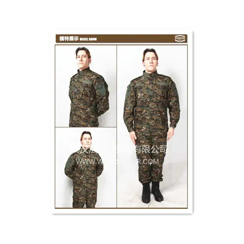 Camouflage military uniform in a digital woodland pattern, featuring long sleeves and pants with reinforced shoulder patches.
