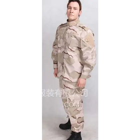 Beige and tan desert camouflage military uniform set.