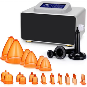 Silver and black suction device with orange plastic cups of varying sizes.