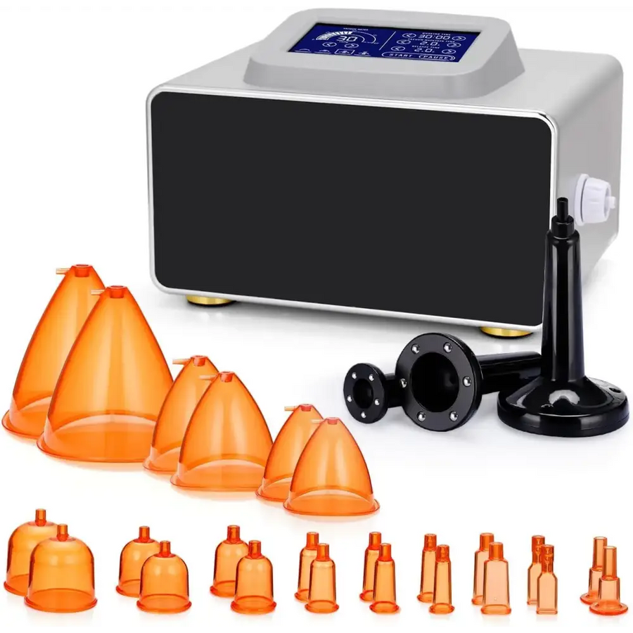 Silver and black suction device with orange plastic cups of varying sizes.