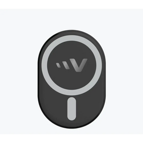 Black oval-shaped wireless charging pad with a silver circular logo and vertical button.
