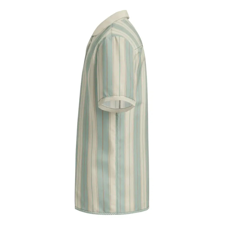 A short-sleeved button-up shirt with vertical stripes in soft mint green and cream, featuring a crisp collar and neatly finished cuffs.