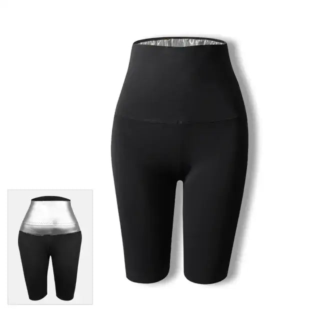 Black high-waisted bike shorts with a reflective silver inner lining.
