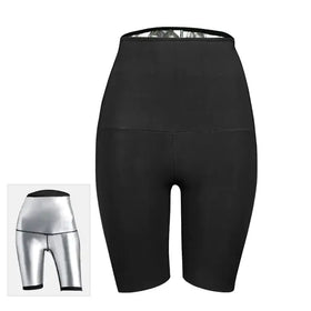 Black high-waisted shorts with a shiny silver inner lining and black trim.