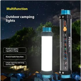 Black and blue cylindrical outdoor camping light with power bank function and field mosquito repellent lamp features.