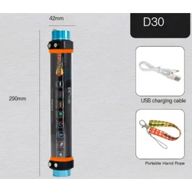 Black cylindrical flashlight with blue and orange accents, featuring multiple function buttons along its side.