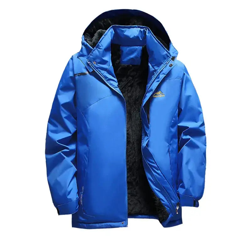 Bright blue waterproof outdoor jacket with a black fleece-lined hood and interior, featuring a small gold mountain logo on the chest.