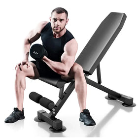 Black adjustable weight bench with padded seat and backrest, featuring a sturdy metal frame and foot support pads