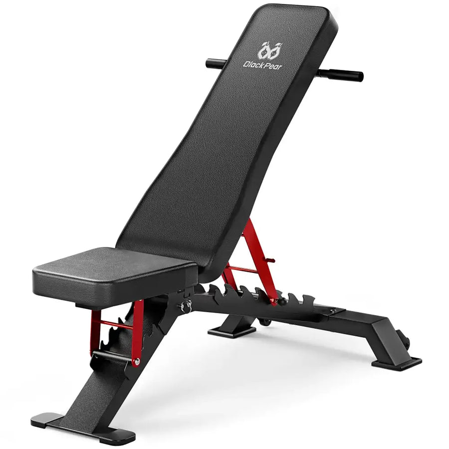 Black and red adjustable weight bench with textured upholstery and a logo on the backrest.
