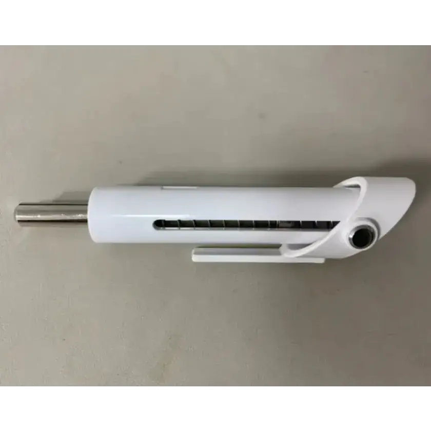 White plastic pen with a metallic silver tip and clip, featuring an integrated retractable mechanism.