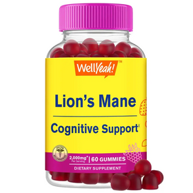 A vibrant yellow bottle with a bright pink cap contains red, gummy-shaped lion’s mane cognitive support supplements from the brand wellyeah!.