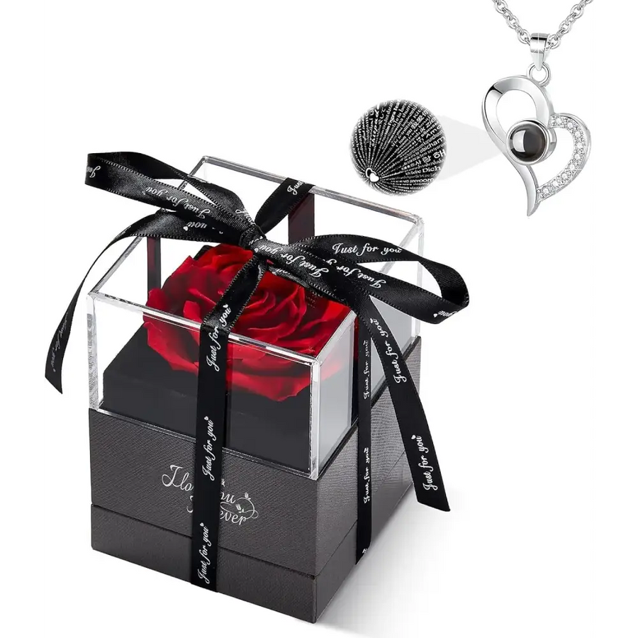 A vibrant red preserved rose nestled inside a clear acrylic box with black ribbons tied in a bow.