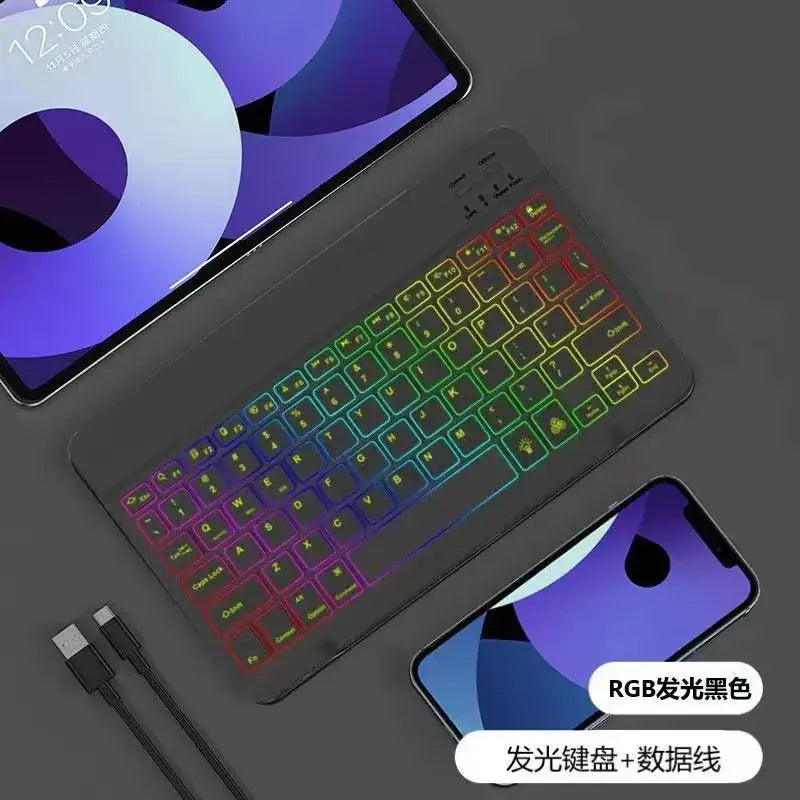 Black rgb-backlit keyboard with colorful illuminated keys and a sleek, modern design.