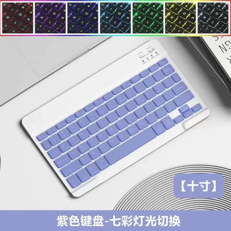 A sleek white wireless keyboard with soft purple silicone keys and a customizable seven-color led backlighting system.