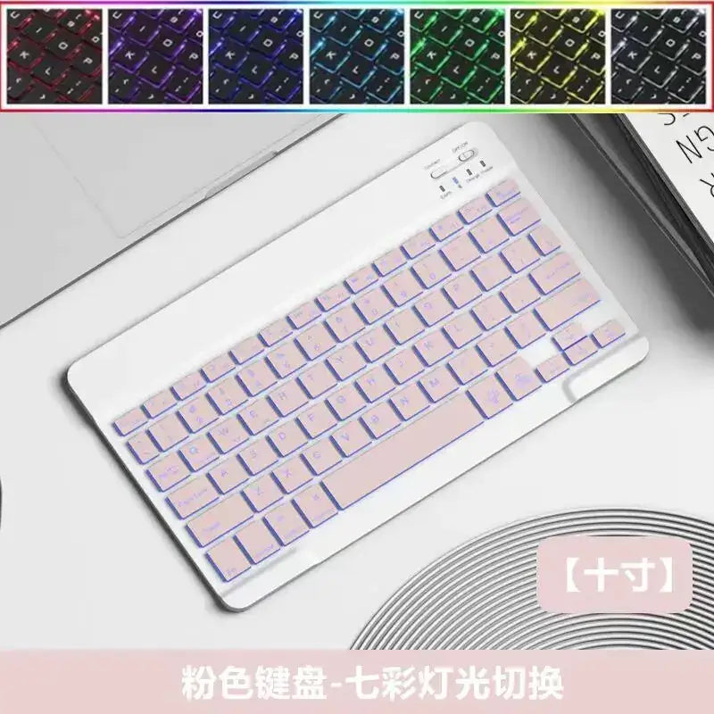 A sleek white wireless keyboard with soft pink backlighting and a slim, modern design.