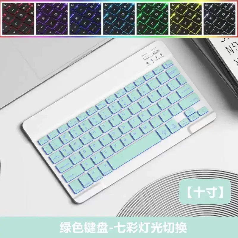 A sleek white wireless keyboard with light blue translucent keys and a slim, modern design.