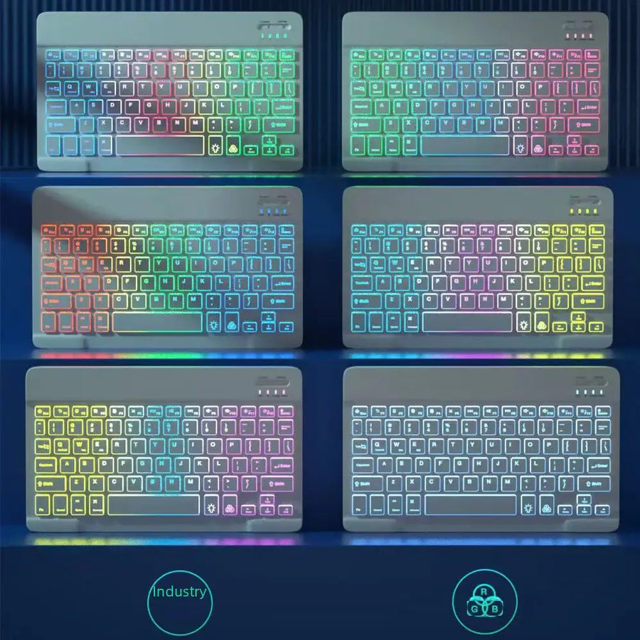 Wireless bluetooth keyboard with a sleek, minimalist design and vibrant rgb backlighting that shifts through multiple color schemes.