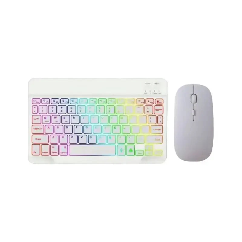 White wireless keyboard with rainbow-colored backlighting and matching white mouse