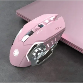 Pink gaming mouse with silver accents and a sleek, angular design.