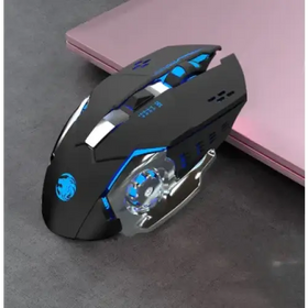 Black and blue gaming mouse with a sleek, ergonomic design featuring glowing led lights along its sides and a transparent scroll wheel.