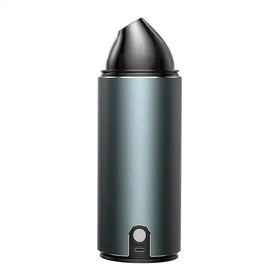 Sleek matte black cylindrical air purifier with a conical top and usb charging port at the base