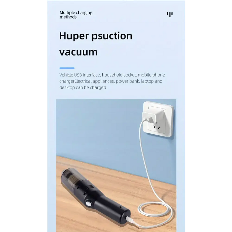 Black handheld vacuum cleaner with a sleek, cylindrical design and transparent dust collection chamber.