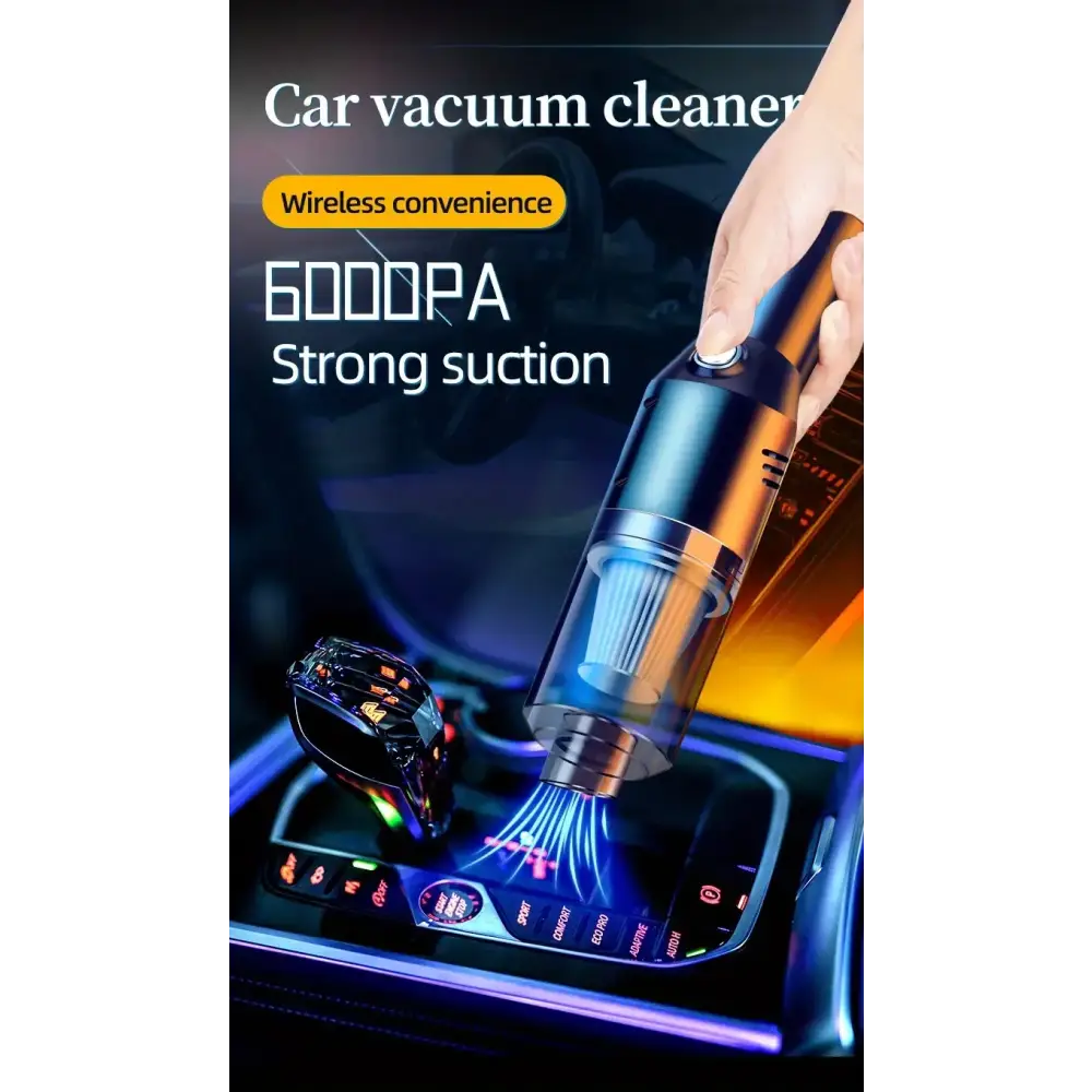 Black and silver wireless car vacuum cleaner with 6000pa strong suction.
