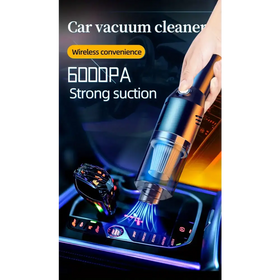 Black and silver wireless car vacuum cleaner with 6000pa strong suction.