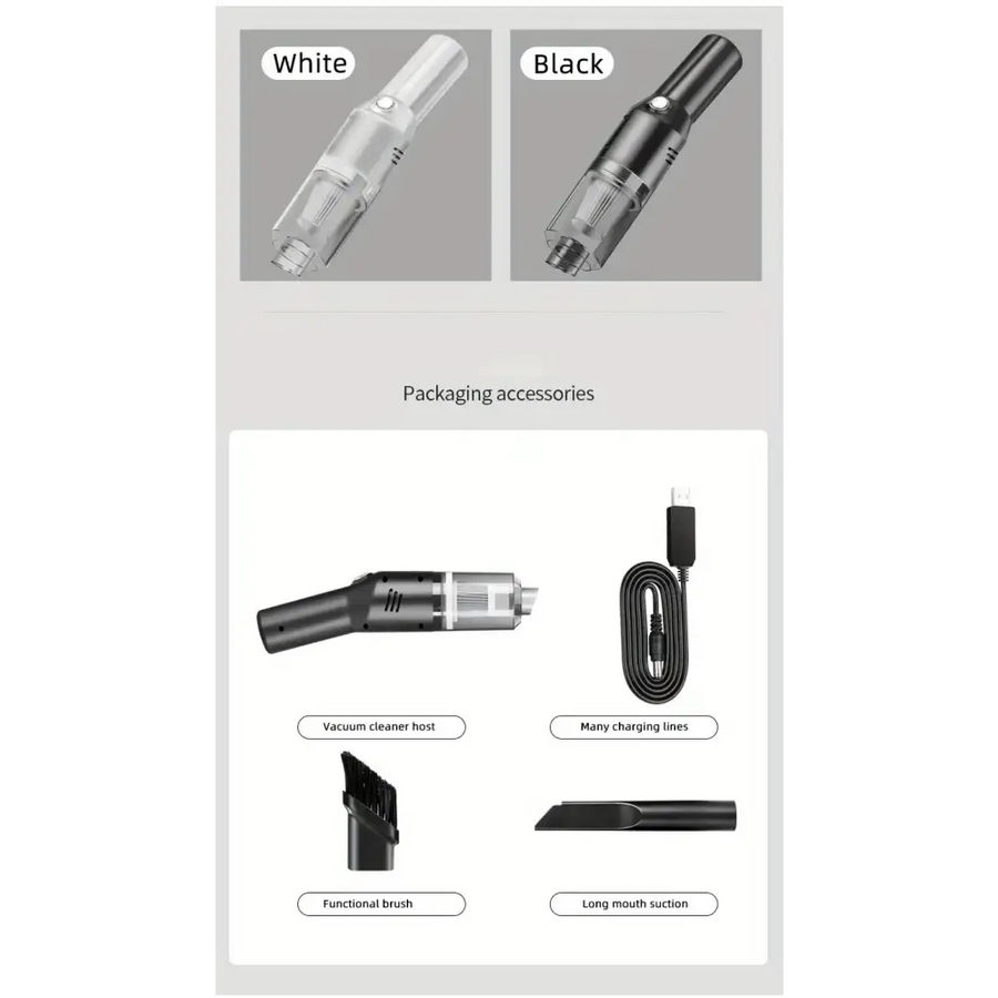 The image displays a compact, handheld vacuum cleaner with two color options—white and black—and includes accessories like charging cables, brushes, and suction attachments.