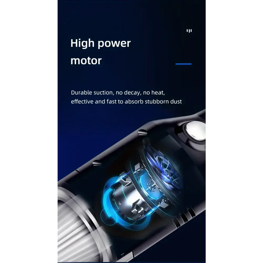 High-power motor with metallic components and glowing blue illumination, designed for durable suction to absorb stubborn dust.