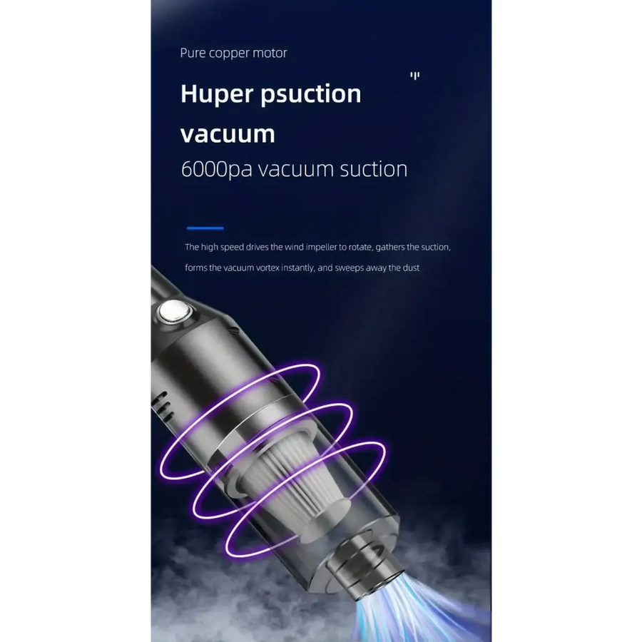 A sleek, metallic handheld vacuum with a pure copper motor and glowing purple suction rings.