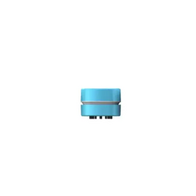 Light blue cylindrical electronic component with a metallic silver band and black connectors at the base.