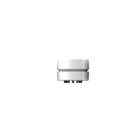 White cylindrical connector with a smooth, matte finish and four black pins at its base.