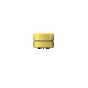 Yellow cylindrical electronic component with a metallic silver band and black connectors at the base.