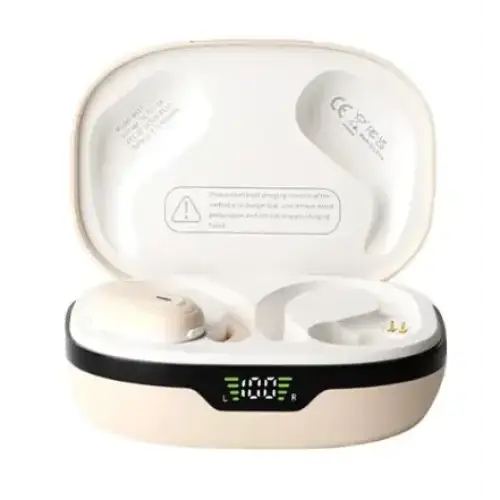 Cream-colored wireless earbuds nestled in a sleek, minimalist charging case with a digital display showing battery level.