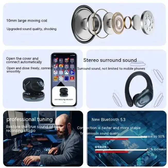 Black wireless bluetooth 5.3 headphones with a sleek, modern design and stereo surround sound capability.