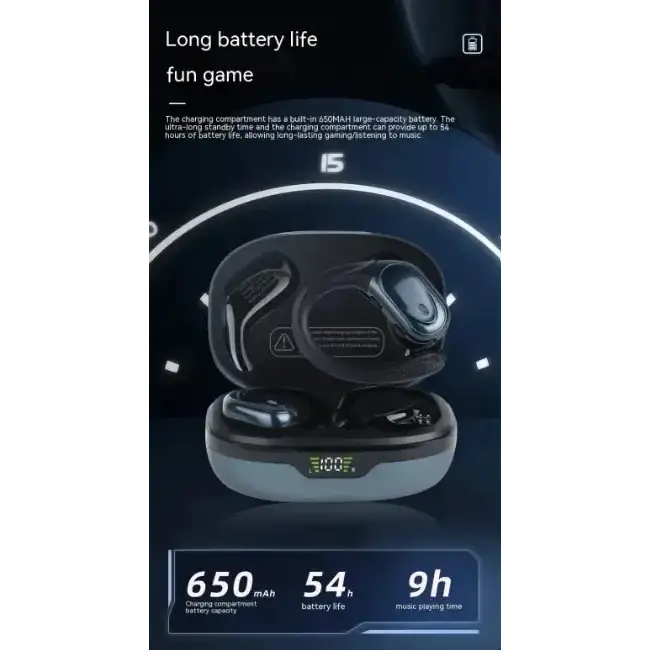 Black and silver wireless earbuds in a sleek charging case with digital display.