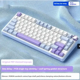 A sleek white and lavender mechanical keyboard with a minimalist design, featuring pbt themed keycaps and a silencer made of poron sandwich cotton.