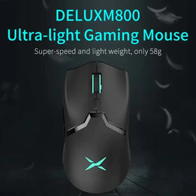 Black deluxm800 ultra-light gaming mouse with glowing teal accents and an illuminated x logo.
