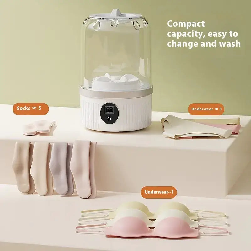 White compact laundry steamer with clear glass dome and digital display.