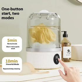 White electric garment steamer with a clear glass dome and ribbed base, featuring a digital display and one-button control for two cleaning modes.