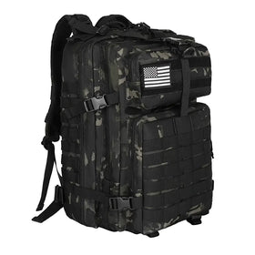 Black and gray camouflage tactical backpack with a white american flag patch on the front pocket.