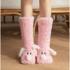 Pink fluffy bunny-themed knee-high socks with white ears and nose.