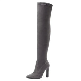Gray suede over-the-knee boot with a sleek, pointed toe and a sturdy high heel.