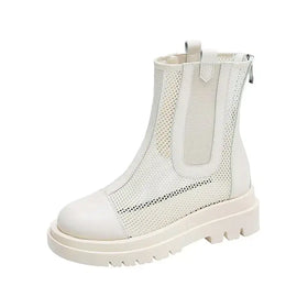 White mesh ankle boot with a chunky sole and elastic side panels.