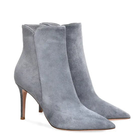 Gray suede ankle boots with a pointed toe and slender high heel.
